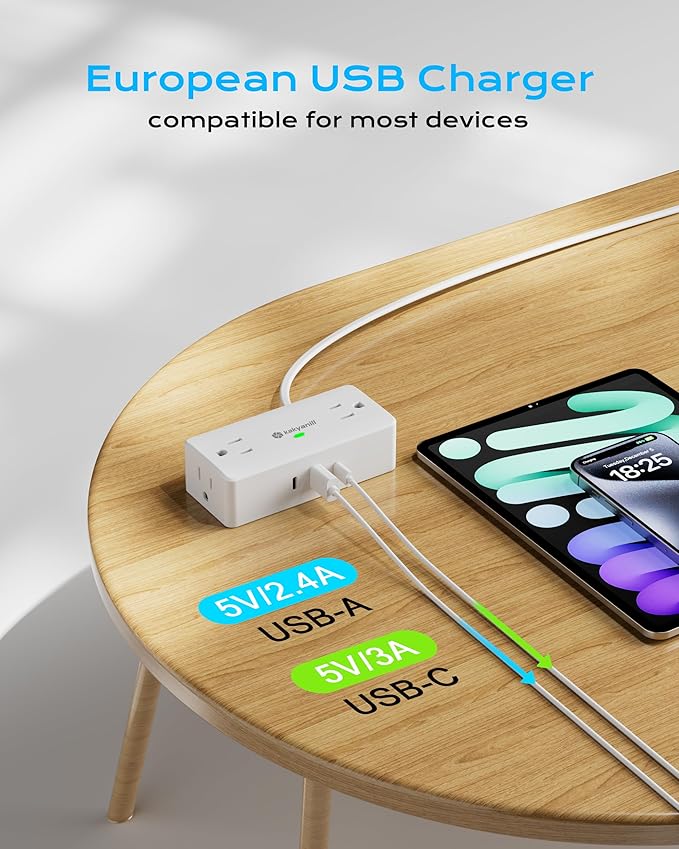 Kakyanill European Travel Plug Adapter, Type E F Plug Adapter, 4 AC Outlets, 3 USB Ports (2 USB C), 5ft Flat Extension Cord, for Germany France Travel