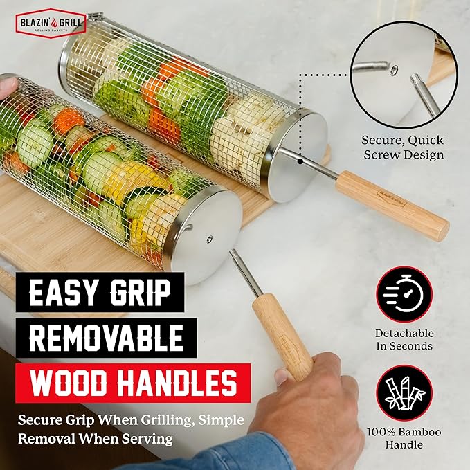 BLAZIN' GRILL Rolling Grill Basket with Removable Handle | 2 x Grilling Basket & Smoker Accessories | Grill Baskets for Outdoor Grill with BBQ Gloves | Barbecue Grill Baskets for Vegetables, Seafood & Meat
