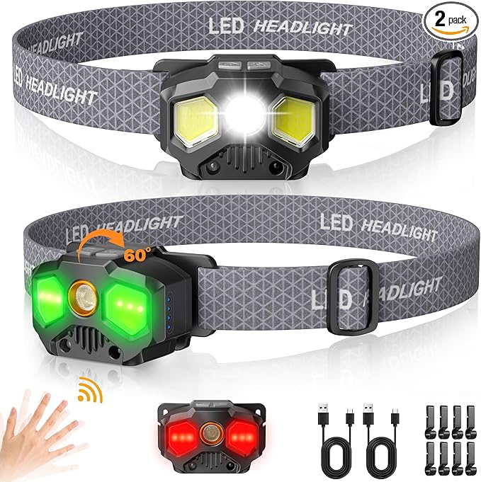 Rechargeable Headlamp, 2 Pack 1400 Lumens LED Headlamps with Red/Green/White 14 Modes Ultra-Bright Head lamp Rechargeable, Motion Sensor Headlamp with Memory Function, Ideal for Outdoor Camping