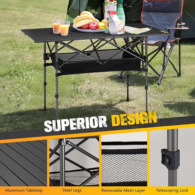 BUNKER INDUST Folding Camping Table, Outdoor Portable Roll-Top Aluminum Table with Carry Bag for Picnic,Beach,BBQ,Backyards, Adjustable Height