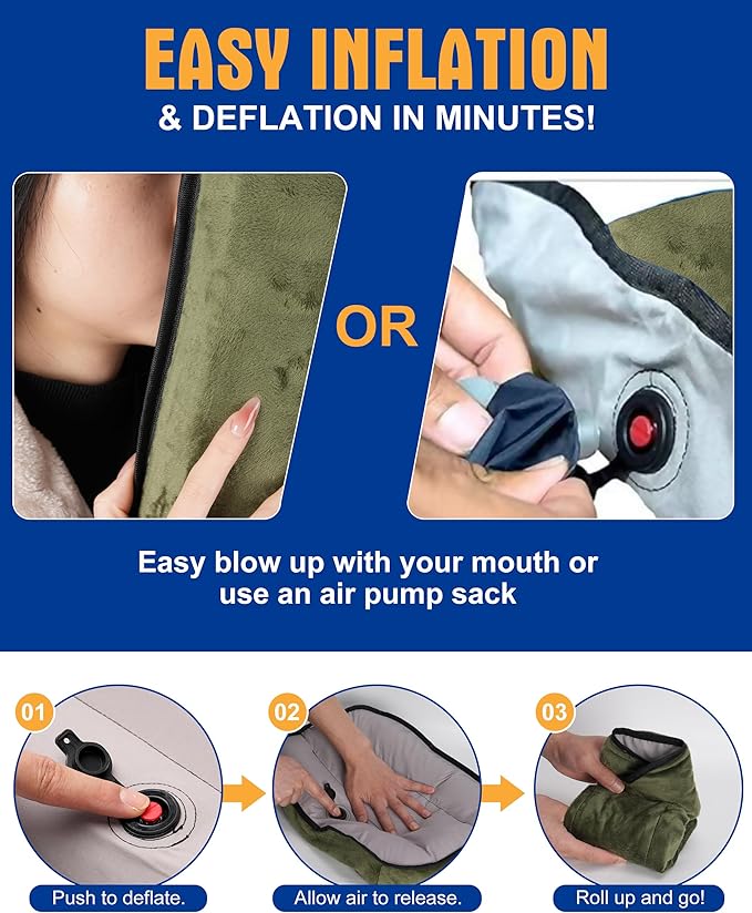 Ultralight Inflatable Camping Pillow for Sleeping – Soft Velvet Cover, Compact & Portable, Ergonomic Neck Support, Machine Washable Air Pillow, Perfect for Travel, Hiking, Backpacking – Green