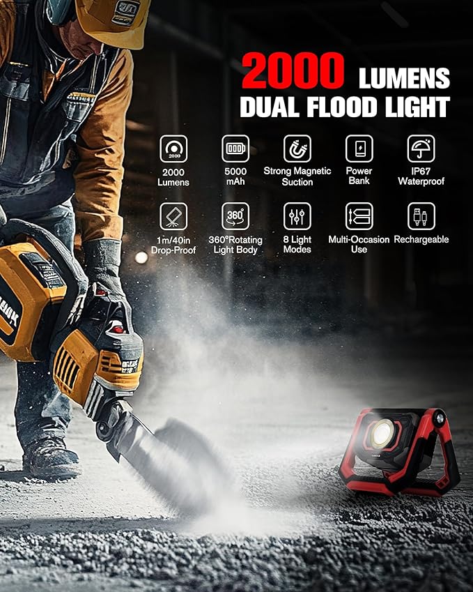 Rechargeable Magnetic Work Light – Dual Beam Design & Oil-Resistant Body, 360° Rotating with Dual Stands for Hands-Free Lighting in Garage, Workshop & Emergencies (Red)