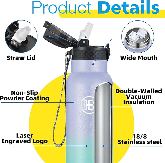 Han's Bottle Sports Water Bottle - 32 Oz, Straw Lid, Leak Proof, Vacuum Insulated Stainless Steel, Double Walled, Thermo Mug,Lilac green