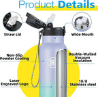 Han's Bottle Sports Water Bottle - 32 Oz, Straw Lid, Leak Proof, Vacuum Insulated Stainless Steel, Double Walled, Thermo Mug,Lilac green