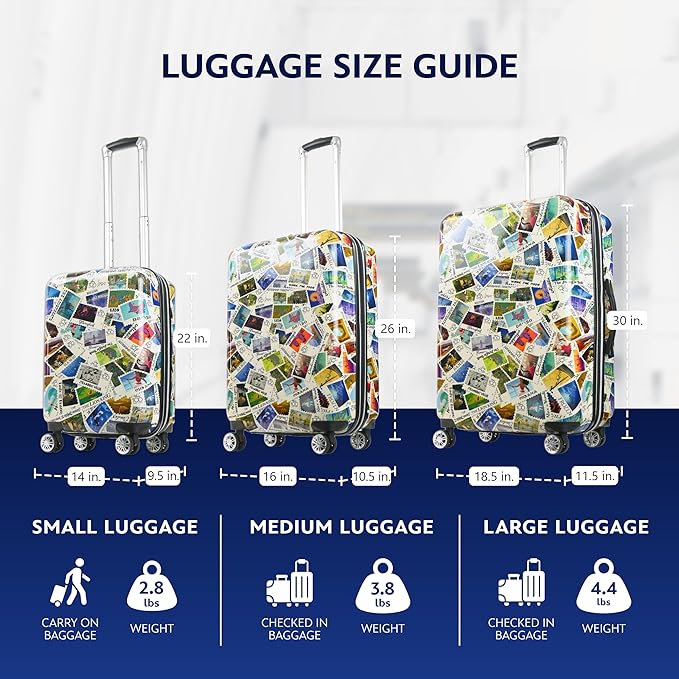 FUL Disney Stamps 22 Inch Carry On Luggage, Hardshell Rolling Suitcase with Spinner Wheels, Multi