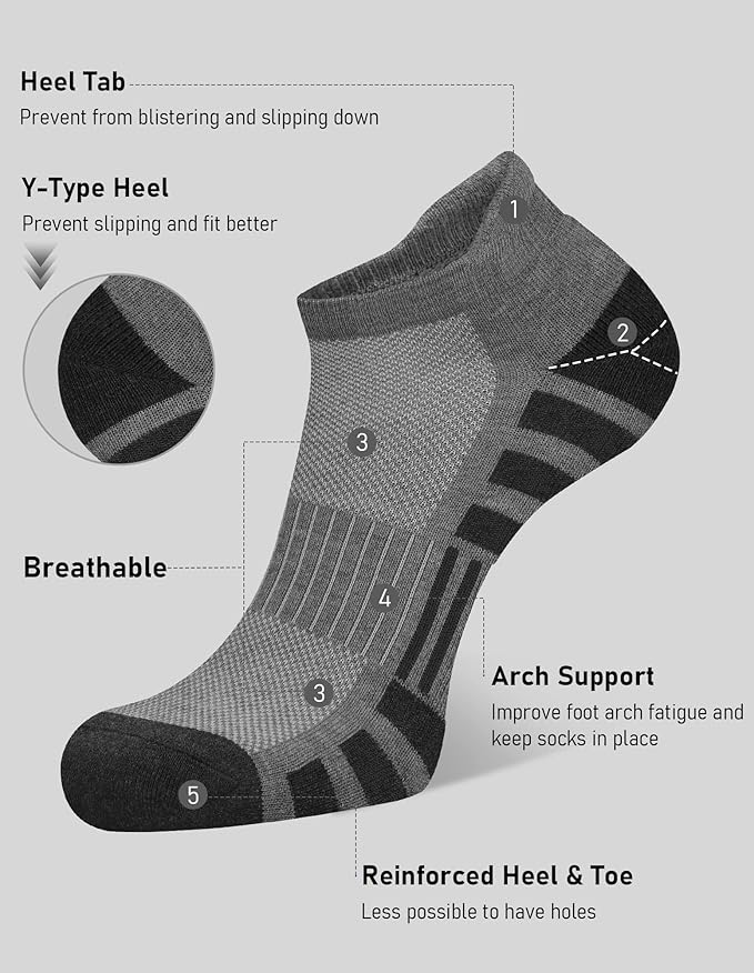 Airacker Ankle Athletic Running Socks Cushioned Breathable Low Cut Sports Tab Socks for Men and Women (6 Pairs)