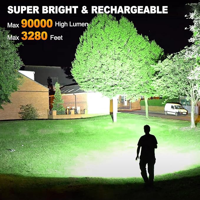 Rechargeable Flashlights 90000 High Lumen, 10000 ɱAh ΒATTERY LED Flashlight with Cob-Light for Home, Super Bright Flash Light 7 Modes, IPX7 Waterproof for Outdoor Camping