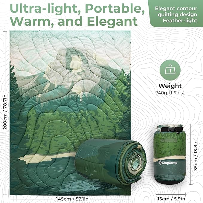 KingCamp Ultralight Camping Blanket, Packable Down Alternative Puffy Printed Wearable Blanket with Snap Buttons & Corner Loops Weatherproof Quilt for Outdoor Travel Stadium (79"L x 57"W, GREEN)