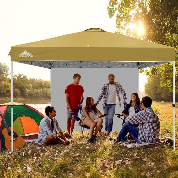 EAGLE PEAK Pop Up Canopy Tent with 1 Sidewall, Easy Setup Event Tent, Outdoor Sun Shade, Wheeled Carry Bag, Stakes and Guy Ropes, Instant Canopy 12x12, Beige