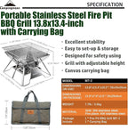 CAMPINGMOON Stainless Steel Foldable Camping Grills Portable Wood Burning Charcoal Grill 14-inch with Carrying Bag MT-2