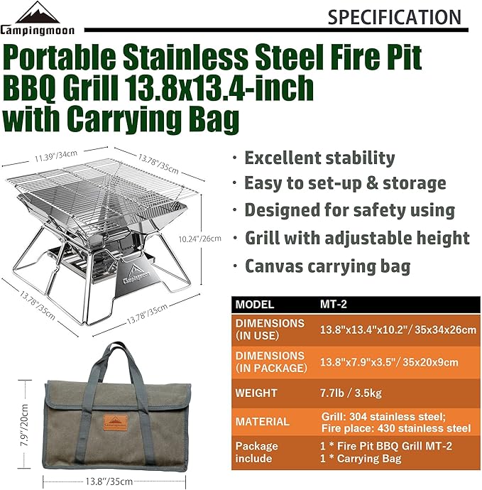 CAMPINGMOON Stainless Steel Foldable Camping Grills Portable Wood Burning Charcoal Grill 14-inch with Carrying Bag MT-2