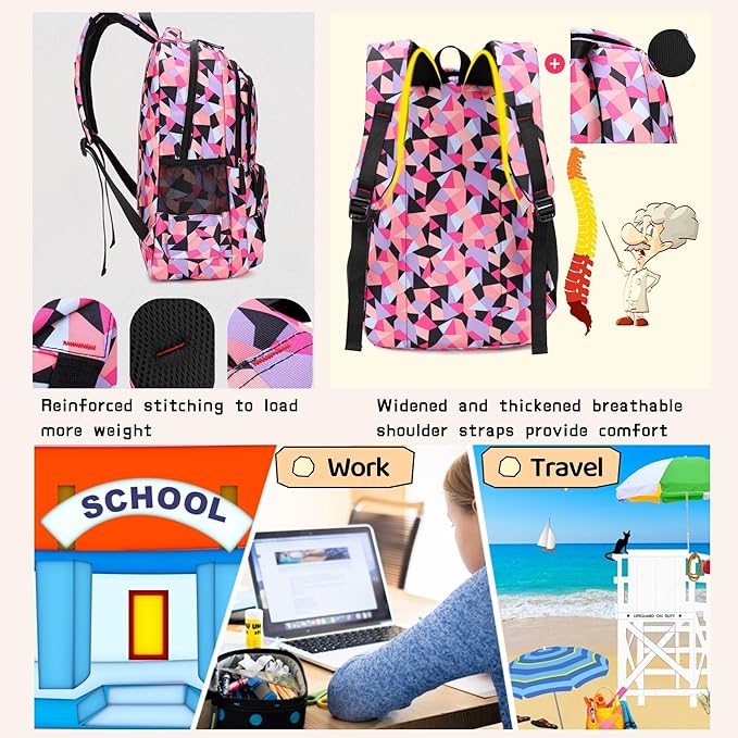 Bansusu Geometric Print Backpacks for Girls Boys School, Capacity School Girls Backpacks for Kids Water-resistant Bookbags, Black-S