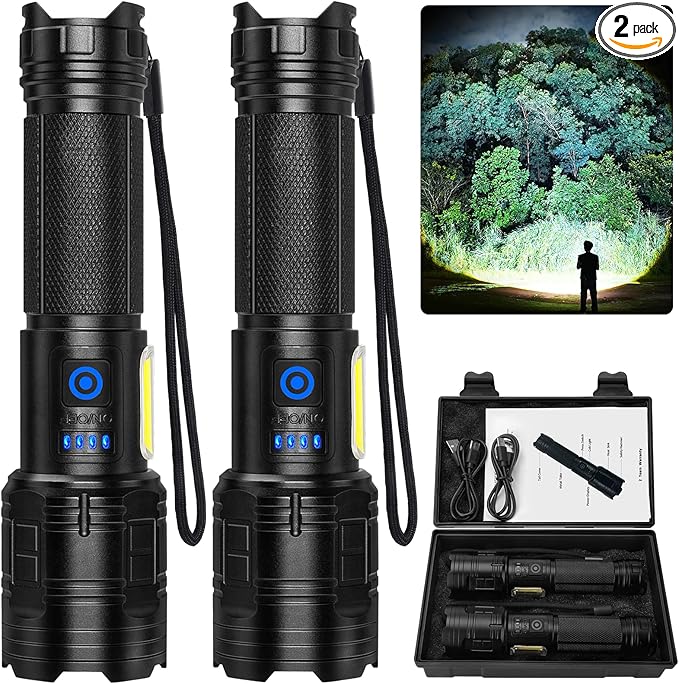 Flashlight Rechargeable 99,000 High Lumen - 2 Pack LED Flash Light with COB, 7 Modes Powerful Handheld Flashlight for Home, Camping (2)