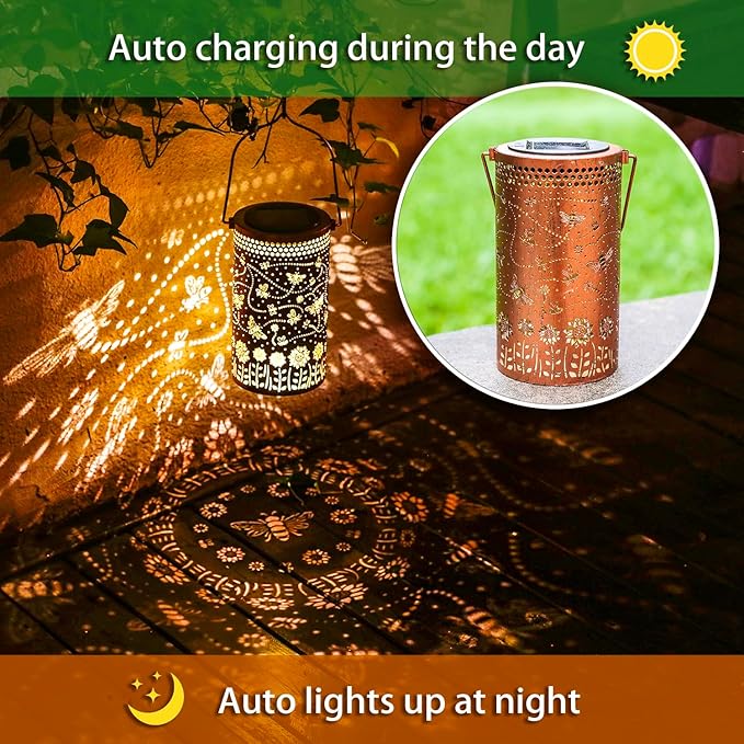 2 Pack Bee Outdoor Solar Hanging Lanterns Waterproof LED Solar Lights Metal Decorative Lanterns for Garden, Patio, Courtyard, Backyard, Yard Decor Unique Bee Gifts for Women Gardening