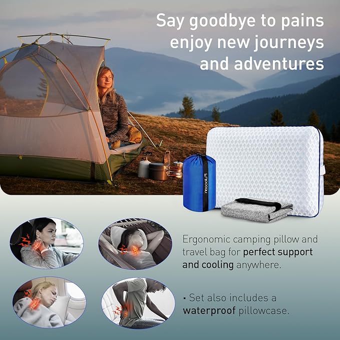 Travel & Camping Cooling Memory Foam Pillow for Backpacking &Airplanes &Beach, Medium Firm Small Camp Bed Pillow for Car Sleeping,Toddler, Breathable Washable Cover, Neck Support Portable Compressible