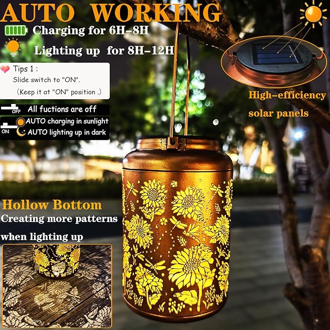Solar Lanterns for Outside,Sunflower and Dragonfly Garden Decor Lights,Waterproof Solar Powered Hanging Lantern for Patio,Yard,Porch, Birthday Gifts for Women,Mom,Grandma,Housewarming