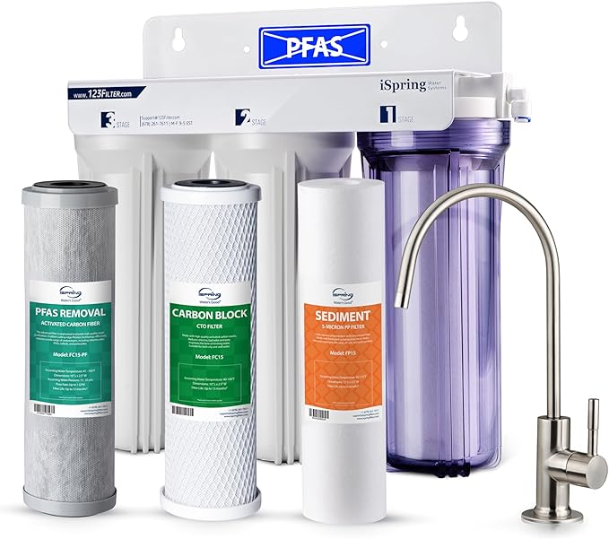 iSpring US31-PF Classic 3-Stage Under Sink Water Filtration System for Drinking, SGS-Tested PFAS Reducing, Tankless Under Sink Water Filter, High Capacity Water Filter for Sink, Pack of 1
