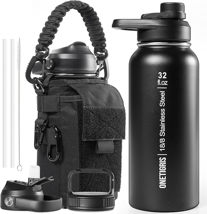 ONETIGRIS 32 oz Insulated Water Bottle with Straw - Tactical Stainless Steel Water Jug, Leakproof Wide Mouth Sport bottle with 3 Lids and Sleeve for Travel, Gym, Camping, Hiking