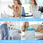 Gosect 3PC Makeup Bag Set, Cute Cosmetic Bag for Women Girls, Floral Coquette Aesthetic Toiletry Bag, Travel Make Up Organizer Bag (Blue Check)