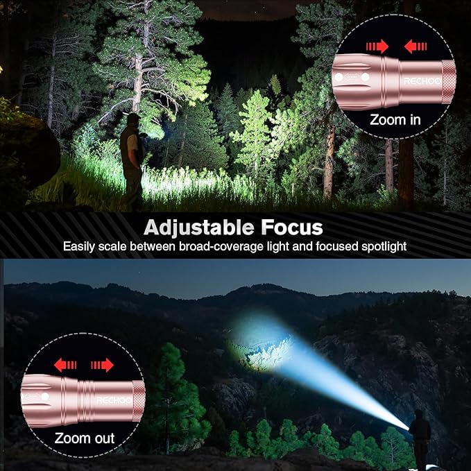 RECHOO LED Flashlight 2 Pack Pink, Tactical Flashlights High Lumens with 3 Modes, Pocket Small Flash Light, Waterproof Zoomable Flashlights for Home Emergency, Camping Essentials (Battery Included)