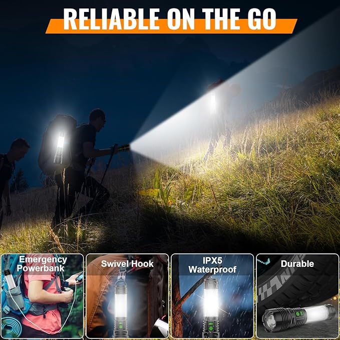 Hoxida Camping Lanterns Flashlight Rechargeable High Lumens- 2000 Meters Long Beam Super Bright LED Flashlight, Waterproof Camping Tent Lights 5 Modes, Zoomable Handheld Flashlight Lantern 4pcs