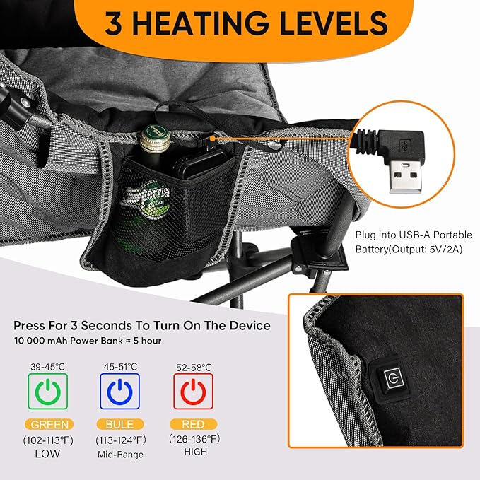 Colorsoul Oversized Heated Camping Chairs Heavy Duty, Fully Thick Padded Heated Chairs for Outdoor Sports, Heated Folding Chair for Adults Support 450lbs, 3 Heat Levels, Battery NOT Included