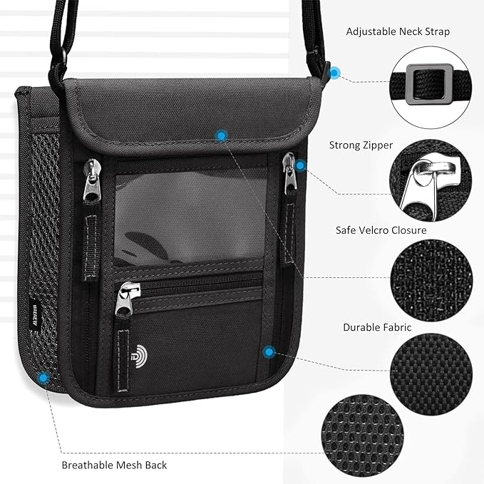 WALNEW Passport Holder Neck Pouch Travel Wallet for Women and Men, RFID Blocking Security Slim Traveling Wallet with Around Neck Lanyard Strap, Black