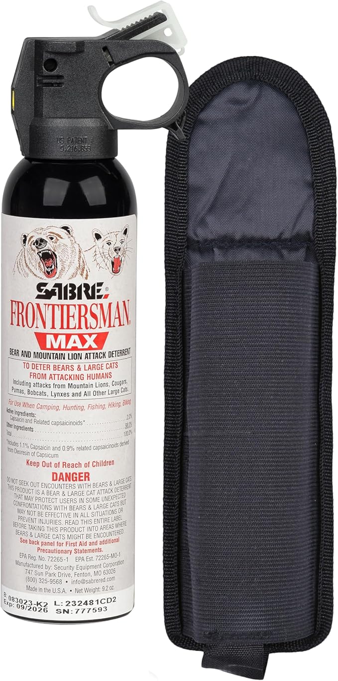 SABRE Frontiersman MAX Bear Spray – 40 ft Range, Maximum Strength, The Only EPA-Registered Spray for Bears & Mountain Lions, 9.2 oz, Glow Safety Clip, Outdoor Hiking & Camping Protection