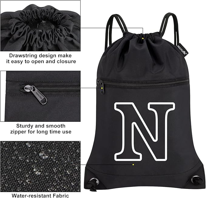 HOLYLUCK Drawstring Bags Initial Backpack Sackpack Cinch Bags for Sports, Gym, Travel, Beach (Black-N)