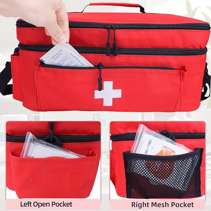 First Aid Bag Empty Large Medical Bag with Shoulder Strap 16”x 9½” x 7” Medicine Organizer Box Travel First Aid kit Emergency Supplies Storage Bag for Car, Home, Office, Outdoor (Red)