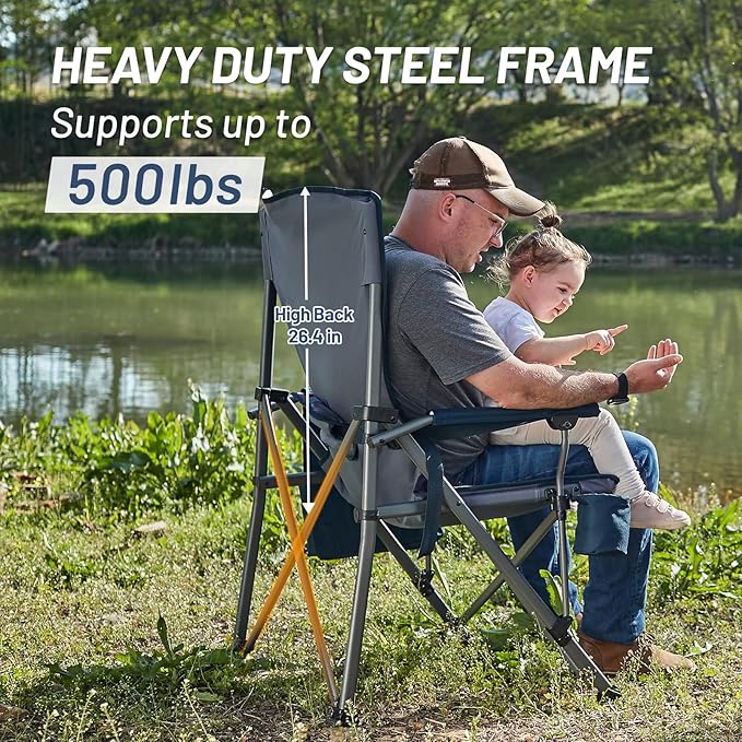 TIMBER RIDGE Oversized Folding Camping Chair with Lumbar Support Adjustable High Back Heavy Duty for Adults Support up to 500lbs with Cup Holder, Cooler Bag, Side Pocket, Blue 2Pcs