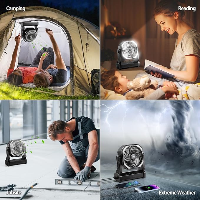 20000mAh Camping Fan, Rechargeable Battery Operated with 360° Rotatable Hook, 400 Lumes Light, 270° Pivot, 4 Speeds, 58Hrs Battery Powered Fan for Outdoor Tent Car Trip BBQ Hurricane Power Outages