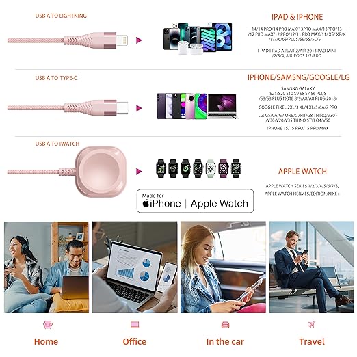Apple Watch Charger Multi Charging Cable 6FT, Nylon Braided USB AM Port to Lightning Type C USB C Cord iWatch Magnetic Wireless 3 in 1 Charging Wire for iPhone Android Phone and iWatch
