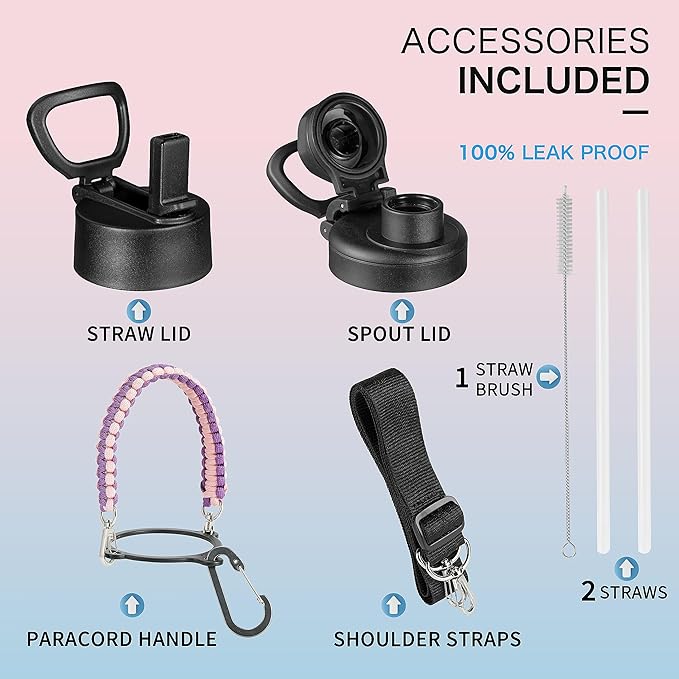 KXIAOCHEN Insulated Water Bottle, Stainless Steel Water Bottle, 2 Lids (Straw and Handle Lid),Wide Mouth Metal Water Bottles Keep Hot and Cold, Double Walled, Thermo Mug, Metal Canteen