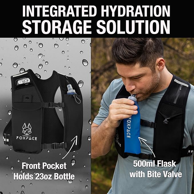 Running Vest for Women Men - Hydration Vest Water Bottle - Breathable Adjustable Backpack for Hiking Marathon - Waterproof Phone Pocket - Reflective Lights Up Rechargable Vest for Night Running