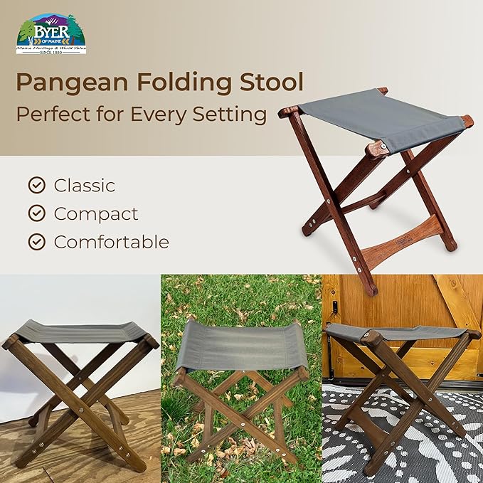 BYER OF MAINE Pangean Folding Stool – Canvas Camp & Wood Camp Stool for Portable & Outdoor Seating in Granite