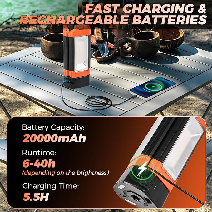 Portable Camping Light with Stand, 20000mAh Outdoor Work Light 800-3200 Lumen, 6.1ft Height with Detachable Tripod, 3300-6500K Dimmable LED, Camping Essentials Gear Emergency Flashlight