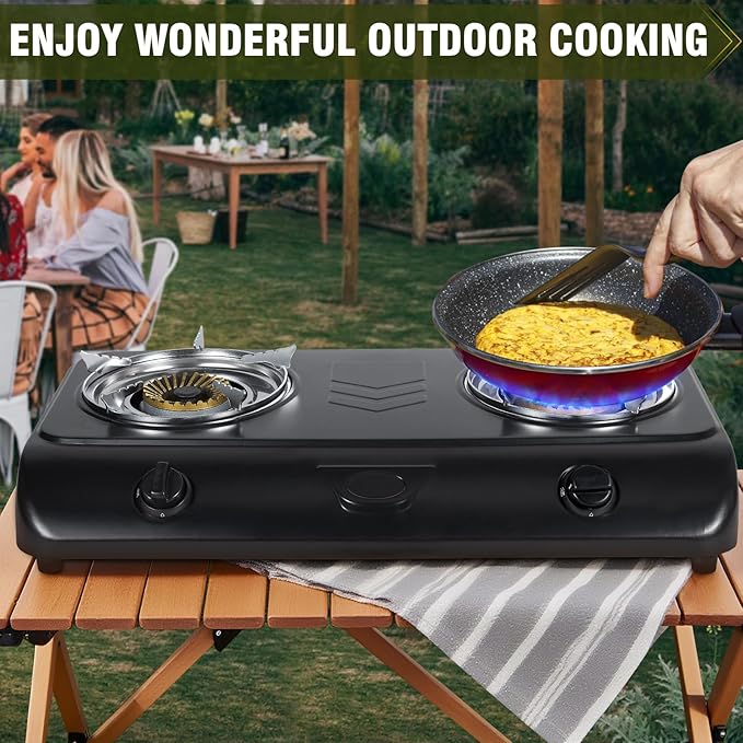 BESTFIRE 30000 BTU Double Burner Propane Gas Stove, Portable Outdoor Camping Cooker with Auto Ignition, Rust-Resistant Alloy Steel, CSA Regulator & Hose, for BBQ, RV, Tailgating, 28.74"×14.76"×5.51"