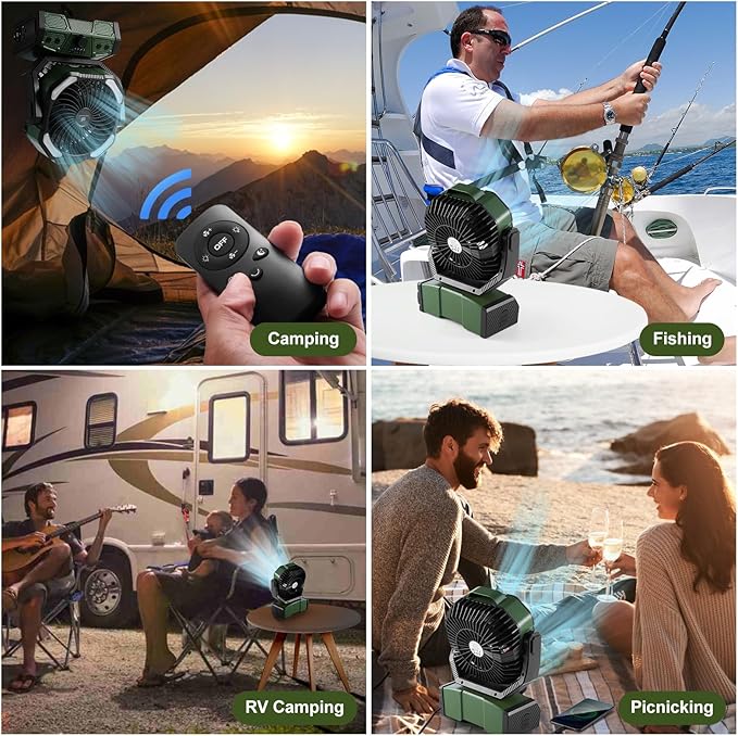 Odoland 40000mAh Camping Fan with LED Light, Battery Operated Oscillating Desk Fan with Remote & Hook, Rechargeable Outdoor Tent Fan with Timer for Hurricane Power Outage Travel Jobsite RV, Green