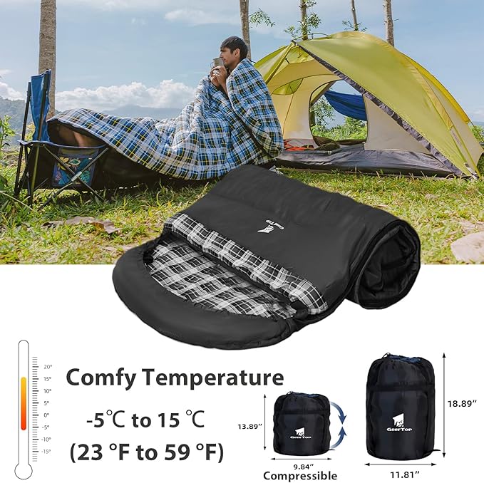GEERTOP Flannel Sleeping Bags for Adults Big & Tall People Portable Cold Weather Envelope XXL All Seasons Camping Sleeping Bag