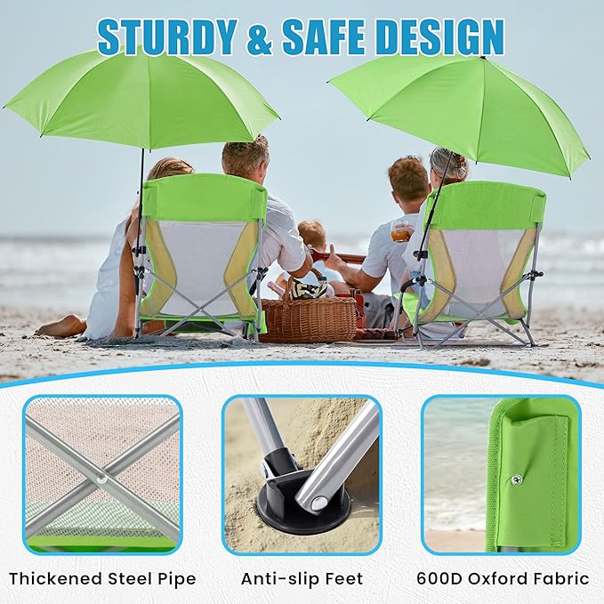 Folding Beach Chair with Umbrella for Adults, 2 Pack Portable Low Beach Chairs with 300lbs Capacity, Lightweight Fodable Camping Chair for Travel, Picnic, Concert & Outdoor Activities,Green-Yellow