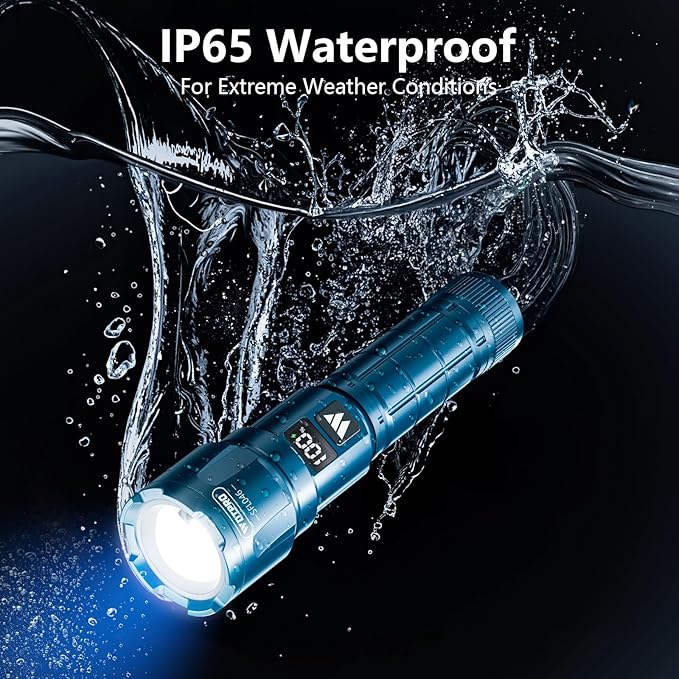 WdtPro LED Rechargeable Flashlight 2 Pack, Super Bright Zoomable 6000 Lumens Tactical Flashlight with LCD Digital Display, 3 Mode Waterproof Flash Light for Camping, Hunting & Home Emergency - Blue