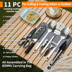 Evanda Camping Kitchen Cooking Utensil Set 10 Piece, Stainless Steel Outdoor Cooking and Grilling Utensil Organizer Travel Set Perfect for Travel, Camping, RVs, BBQs, Picnics, Parties and More