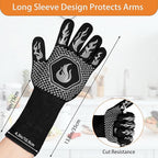 BBQ Fireproof Gloves, Grill Cut-Resistant Gloves 1472°F Heat Resistant Gloves, Non-Slip Silicone Oven Gloves, Kitchen Safe Cooking Gloves for Oven Mitts,Barbecue,Cooking, Frying,13.5 Inch-Grey