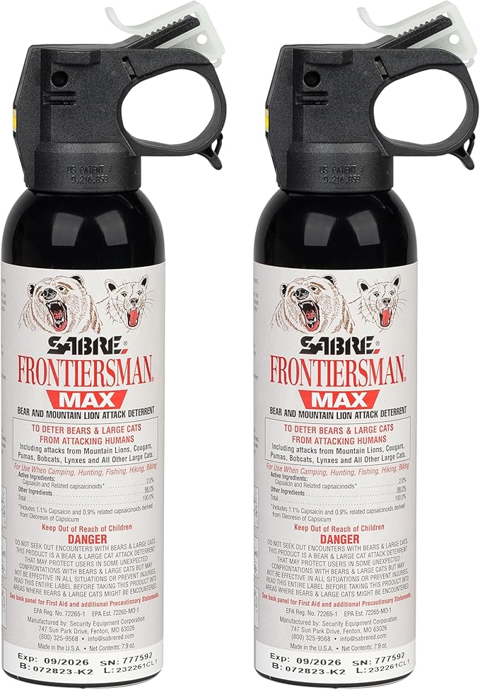 SABRE Frontiersman MAX Bear Spray – 40 ft Range, Maximum Strength, The Only EPA-Registered Spray for Bears & Mountain Lions, 7.9 oz, Glow Safety Clip, Outdoor Hiking & Camping Protection