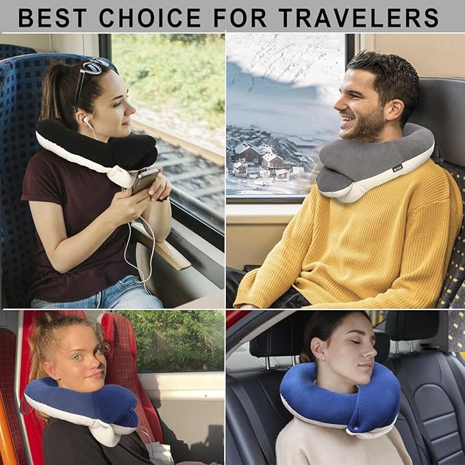 BUYUE Travel Neck Pillows for Airplanes, Memory Foam 360° Head Support Sleep for Long Flight, Skin-Friendly & Breathable, Kit with Eye Mask, Earplugs and Storage Bag (Adult, Black, 90+ lbs)
