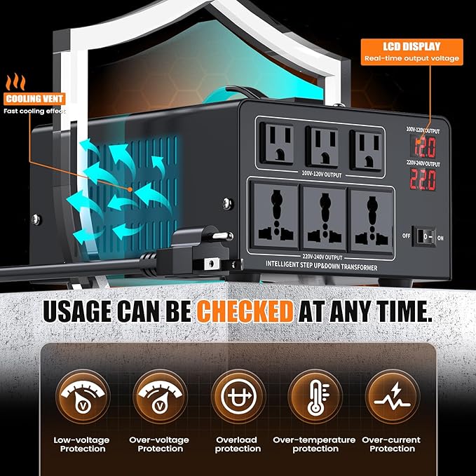 1000W Voltage Converter Transformer Step Up 110V/120V to220V/240V or Step Down 220V to 110V AC Power Converte, Circuit Breaker Protection, 2 US sockets, 2 Universal sockets, LCD Display