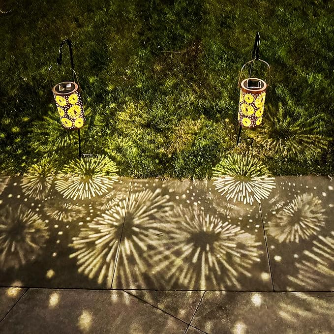 4 Pack Fireworks Birthday Gifts for Women Mom Grandma Solar Lanterns Outdoor Waterproof Garden Decor Metal Hanging LED Decorative Light for Patio Yard Lawn Backyard Front Porch Gardening Gifts