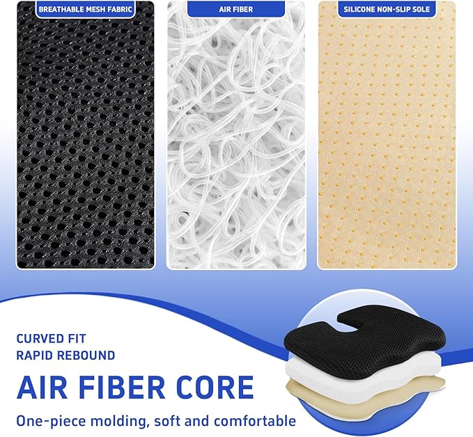 Gooo&Ma Air Fiber Seat Cushion for Office Chair, Breathable U-Shape Tailbone Relief Cushion for Desk Chair, Washable Ergonomic Chair Pad for Driving & Gaming, Cooling Mesh Back Support(Black)