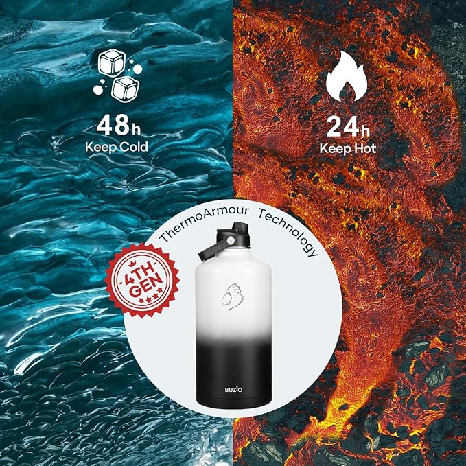 BUZIO 1 Gallon Water Bottle, 128oz Insulated Water Jug Double Walled Vacuum Stainless Steel Travel Flask (Cold for 48 Hrs), Leak Proof BPA-Free Large Canteen with Straw Lid, Black White